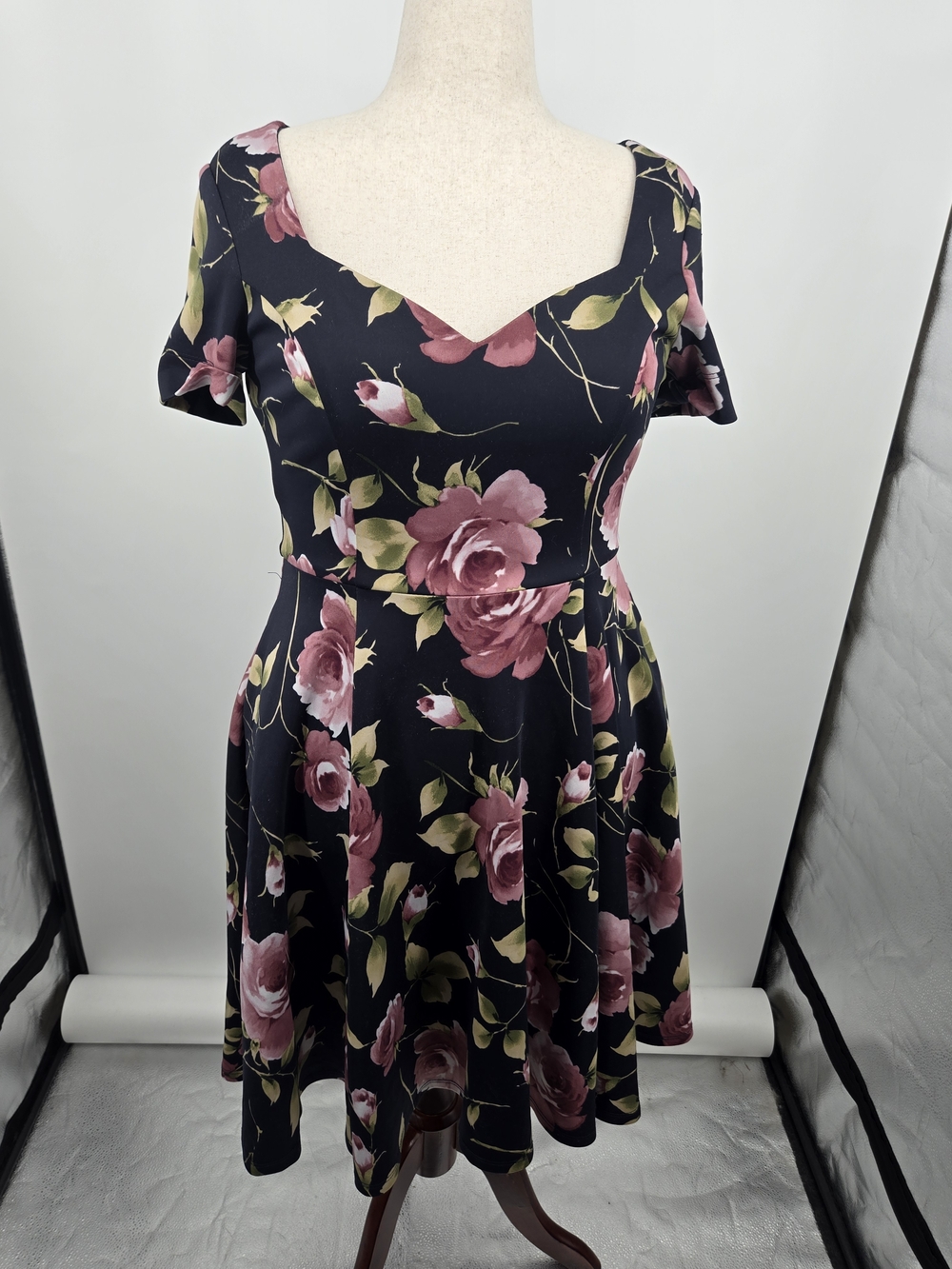 Eva Rose Pink Floral On Black Fit & Flare Dress XL (6778)